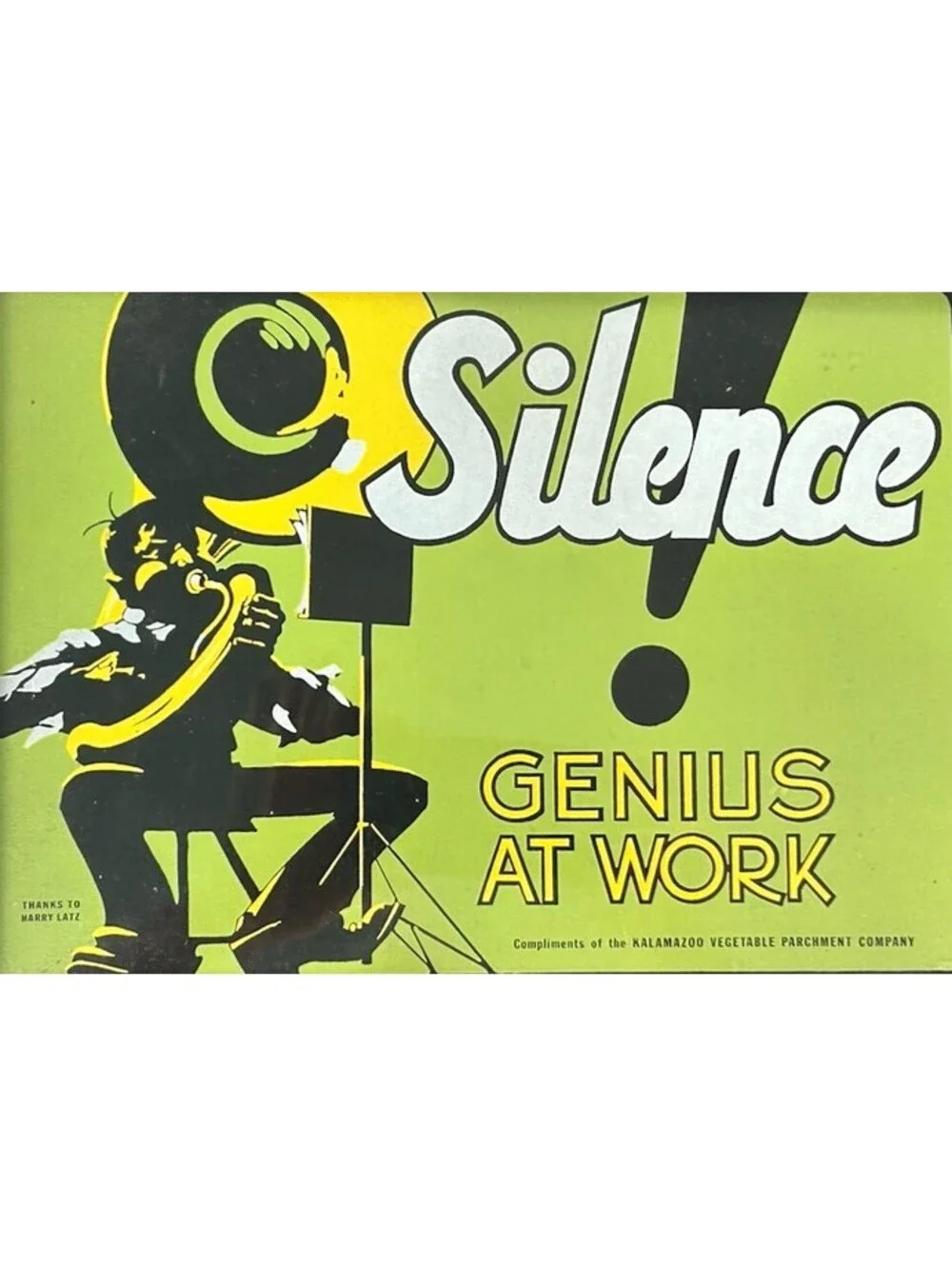 Vintage Silence Genius At Work Sign Framed Kalamazoo Vegetable Parchment 15